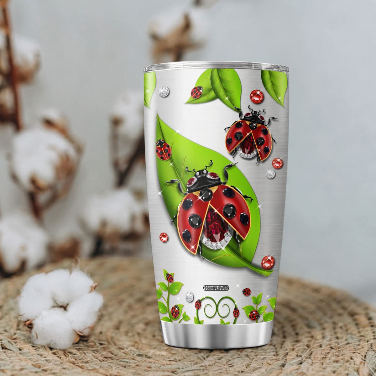 9SUNFLOWER Ladybugs Jewelry Style Coffee Tumbler Cute Birthday Gifts For Girls Women Animal Lovers Travel Mug With Lid Insulated Cup Inspirational Quotes Cold Drinking Vacuum Mugs