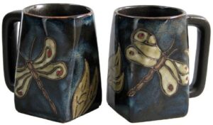set of two (2) mara stoneware collection - 12 oz coffee or tea cup collectible square bottom mugs - dragonfly/insect design
