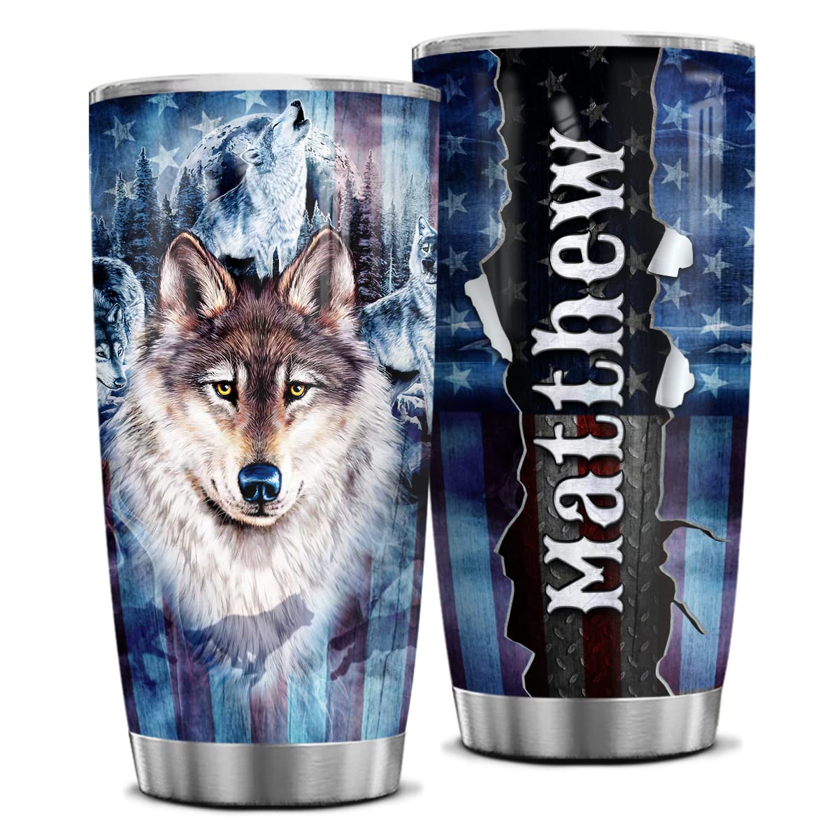 Wassmin Personalized Wolf Tumbler Gifts For Men Wolves American Flag Tumbler 20oz 30oz Stainless Steel Insulated Tumblers Coffee Travel Mug Cup Birthday Father's Day Stuff Gift