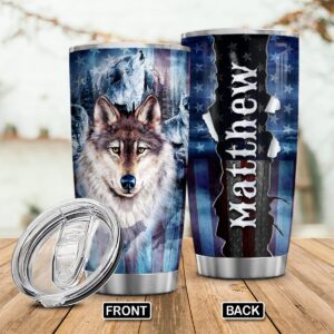 Wassmin Personalized Wolf Tumbler Gifts For Men Wolves American Flag Tumbler 20oz 30oz Stainless Steel Insulated Tumblers Coffee Travel Mug Cup Birthday Father's Day Stuff Gift