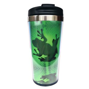 nvjui jufopl frog shadow travel coffee mug, with flip lid, tumbler coffe cup water or home holiday birthday gifts for men women, stainless lined bottle cup 15 oz