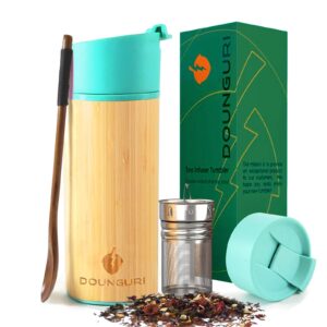 bamboo tea tumbler mug with strainer infuser - 12 oz black vacuum insulated stainless steel thermos with filter for loose leaf/coffee travel bottle/hot and cold water/leak proof/gift ready