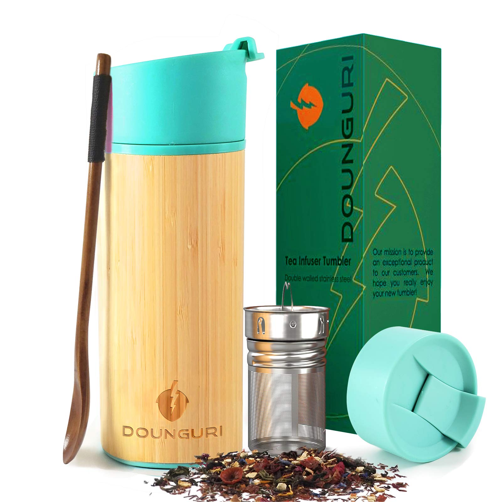 Bamboo Tea Tumbler Mug with Strainer Infuser - 12 oz Black Vacuum Insulated Stainless Steel Thermos with Filter for Loose Leaf/Coffee Travel Bottle/Hot and Cold Water/Leak Proof/Gift Ready