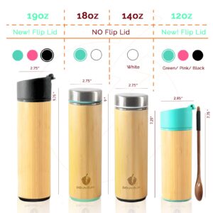 Bamboo Tea Tumbler Mug with Strainer Infuser - 12 oz Black Vacuum Insulated Stainless Steel Thermos with Filter for Loose Leaf/Coffee Travel Bottle/Hot and Cold Water/Leak Proof/Gift Ready