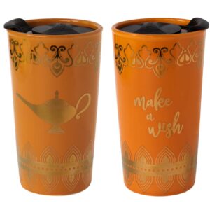 disney aladdin travel coffee mug, 16oz - insulated, ceramic to-go cup with lid - gold genie lamp & make a wish design - gift for teen, adults & mothers day