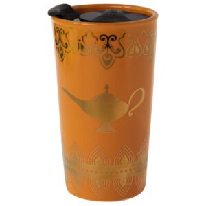Disney Aladdin Travel Coffee Mug, 16oz - Insulated, Ceramic To-Go Cup with Lid - Gold Genie Lamp & Make A Wish Design - Gift for Teen, Adults & Mothers Day
