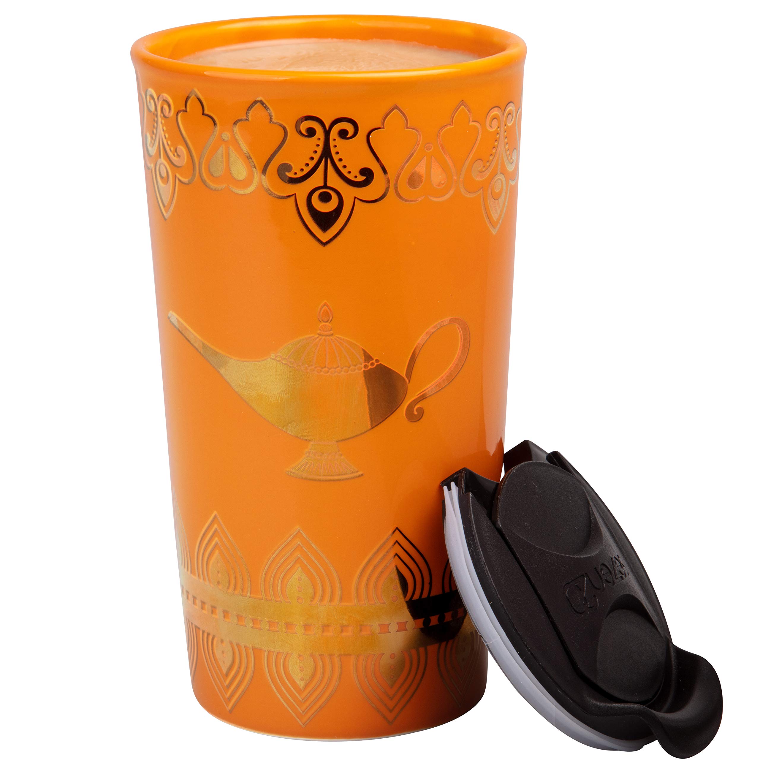 Disney Aladdin Travel Coffee Mug, 16oz - Insulated, Ceramic To-Go Cup with Lid - Gold Genie Lamp & Make A Wish Design - Gift for Teen, Adults & Mothers Day