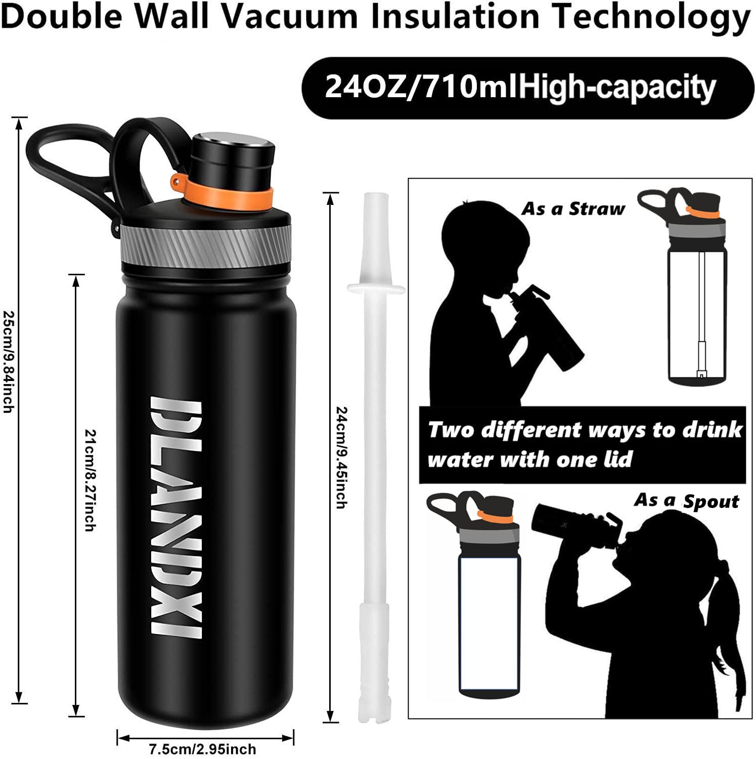 DLANDXI 24 Oz Insulated Stainless Steel Water Bottle with Straw Double-Wall Vacuum Thermal Keep Warm Cold for Kids Adults(Black)