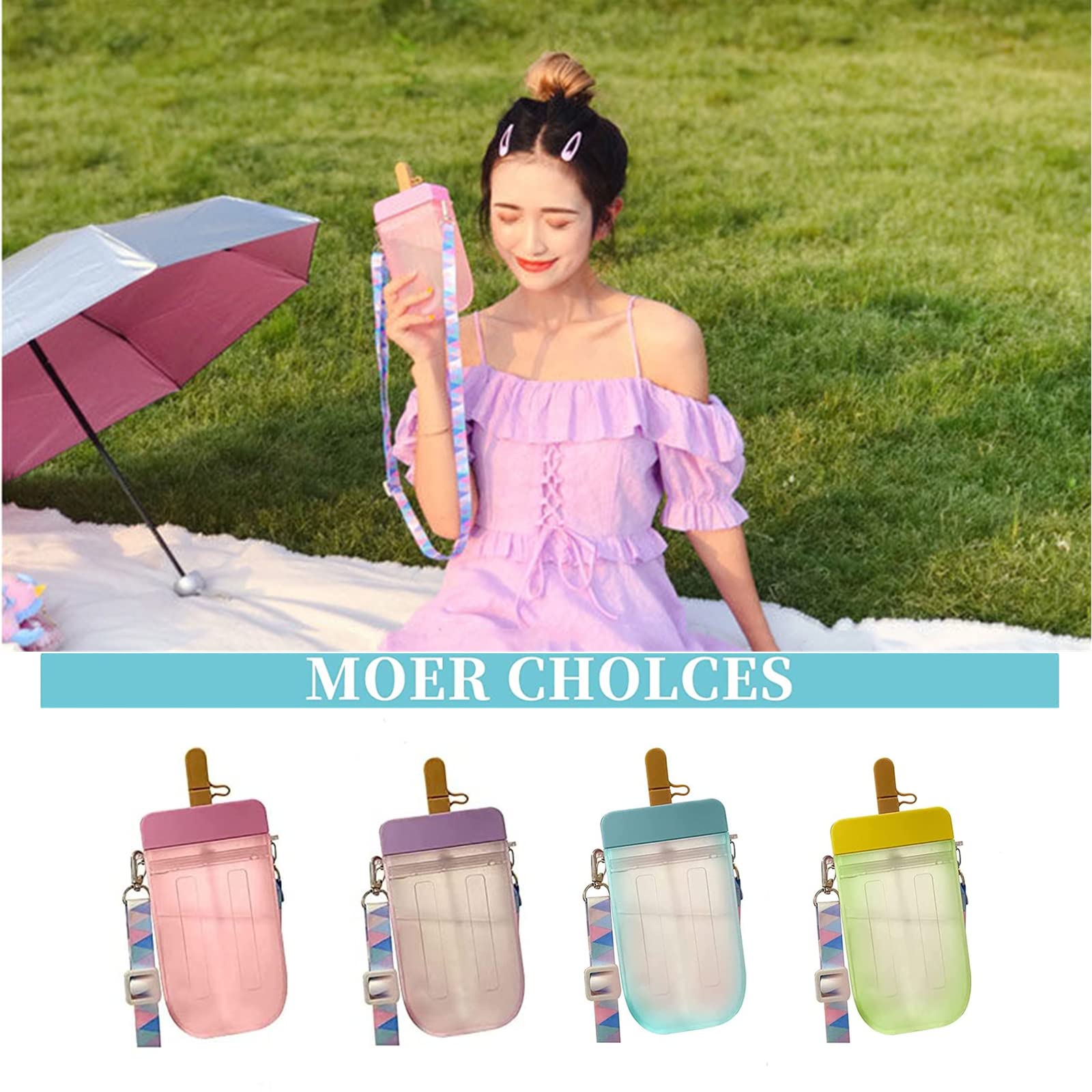 JGMLZK Cute Water Bottles with Straws Leakproof Silicone Popsicle Bottles with Shoulder Strap Creative Ice Cream Plastic Popsicle Drink Water Bottles Transparent Water Jug,Suitable for Adult Children