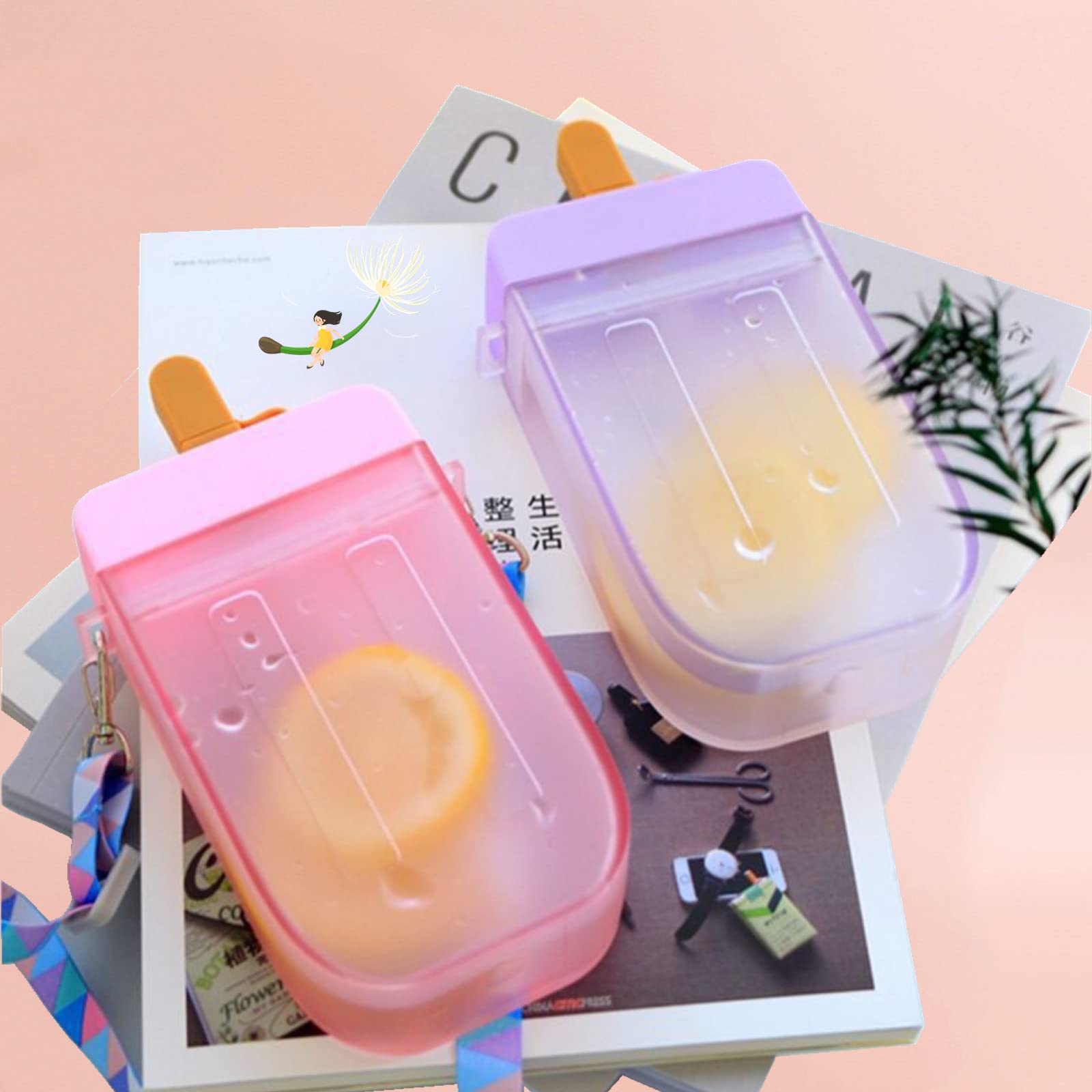 JGMLZK Cute Water Bottles with Straws Leakproof Silicone Popsicle Bottles with Shoulder Strap Creative Ice Cream Plastic Popsicle Drink Water Bottles Transparent Water Jug,Suitable for Adult Children