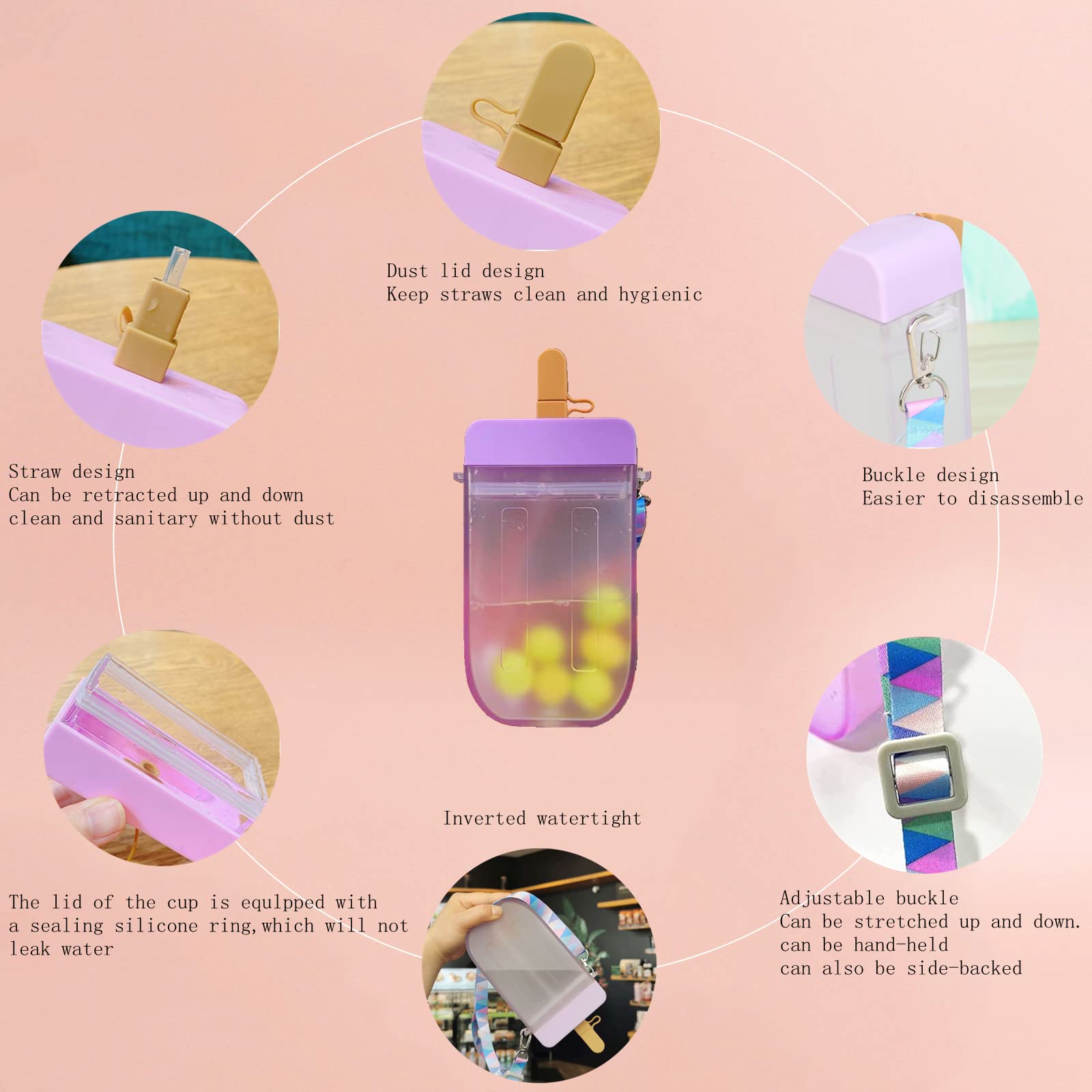 JGMLZK Cute Water Bottles with Straws Leakproof Silicone Popsicle Bottles with Shoulder Strap Creative Ice Cream Plastic Popsicle Drink Water Bottles Transparent Water Jug,Suitable for Adult Children