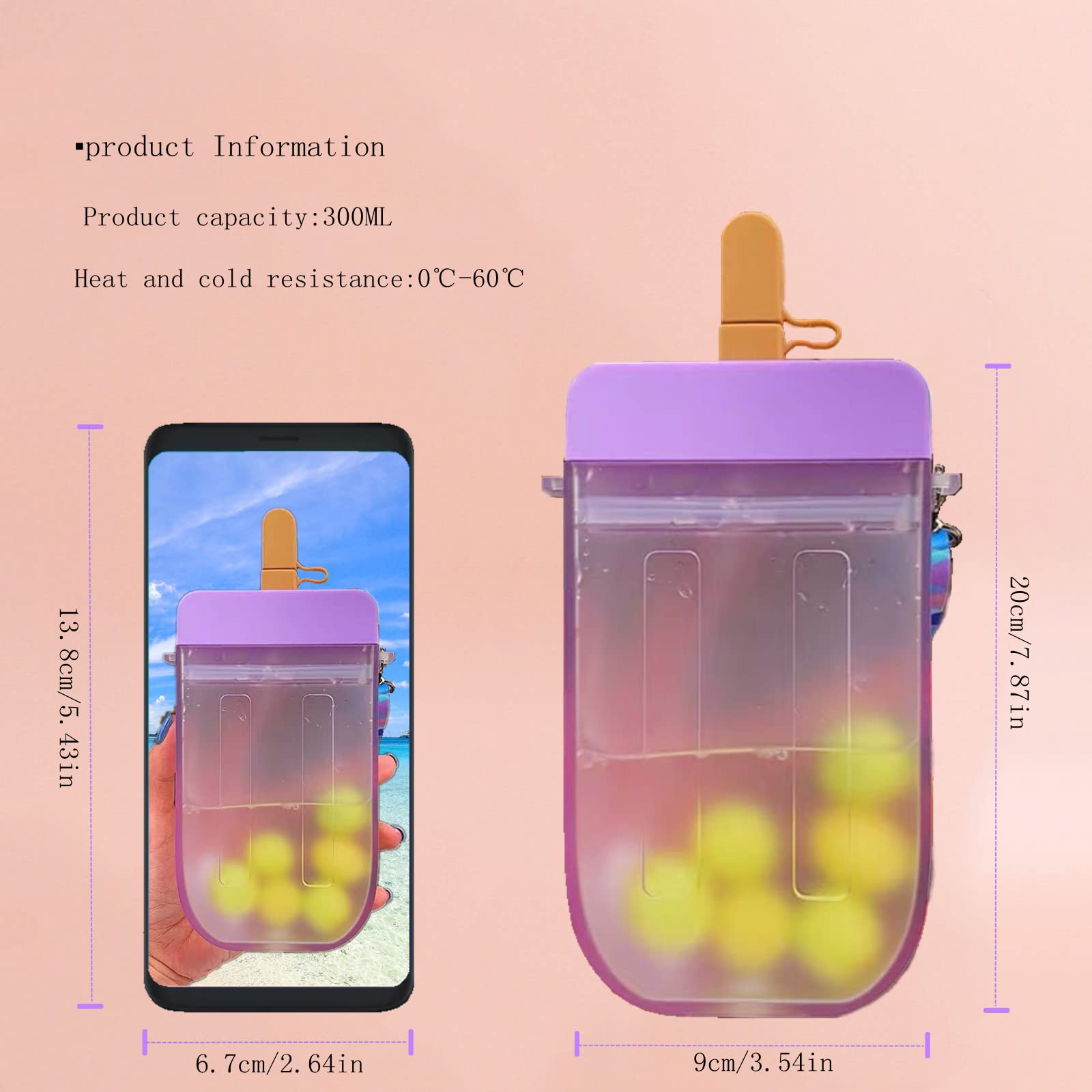 JGMLZK Cute Water Bottles with Straws Leakproof Silicone Popsicle Bottles with Shoulder Strap Creative Ice Cream Plastic Popsicle Drink Water Bottles Transparent Water Jug,Suitable for Adult Children