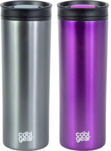 cool gear 2 pack 16 oz amelia coffee travel mug with spill resistant slider lid - smoke/purple
