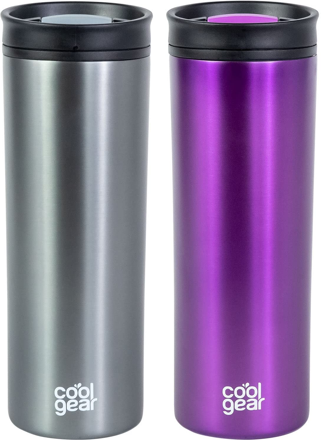 COOL GEAR 2 Pack 16 oz Amelia Coffee Travel Mug with Spill Resistant Slider Lid - Smoke/Purple