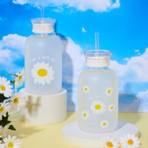 2 pcs 480 ml 16.9 oz glass water bottles with scale portable water milk juice cup with 4 lids and 2 straws clear daisy flower matte cute bottles creative cup for christmas gifts women girls kids