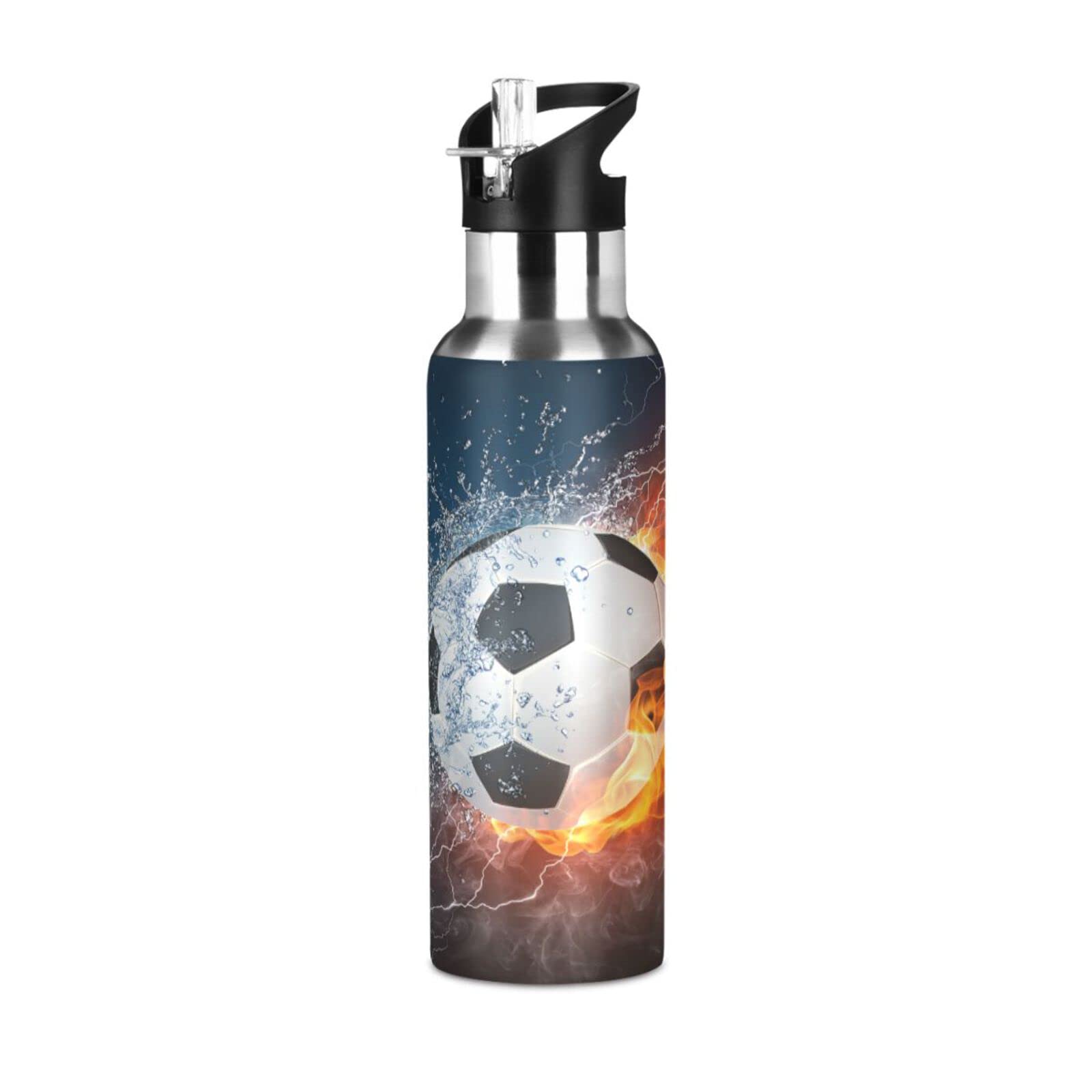 Kcldeci Soccer Ball in Fire and Water Sports Water Bottle 20 Oz Straw Lid Leak Proof Vacuum Insulated Stainless Steel Water Bottles Hot Cold Double Walled Thermo Mug Tumbler Travel Cup