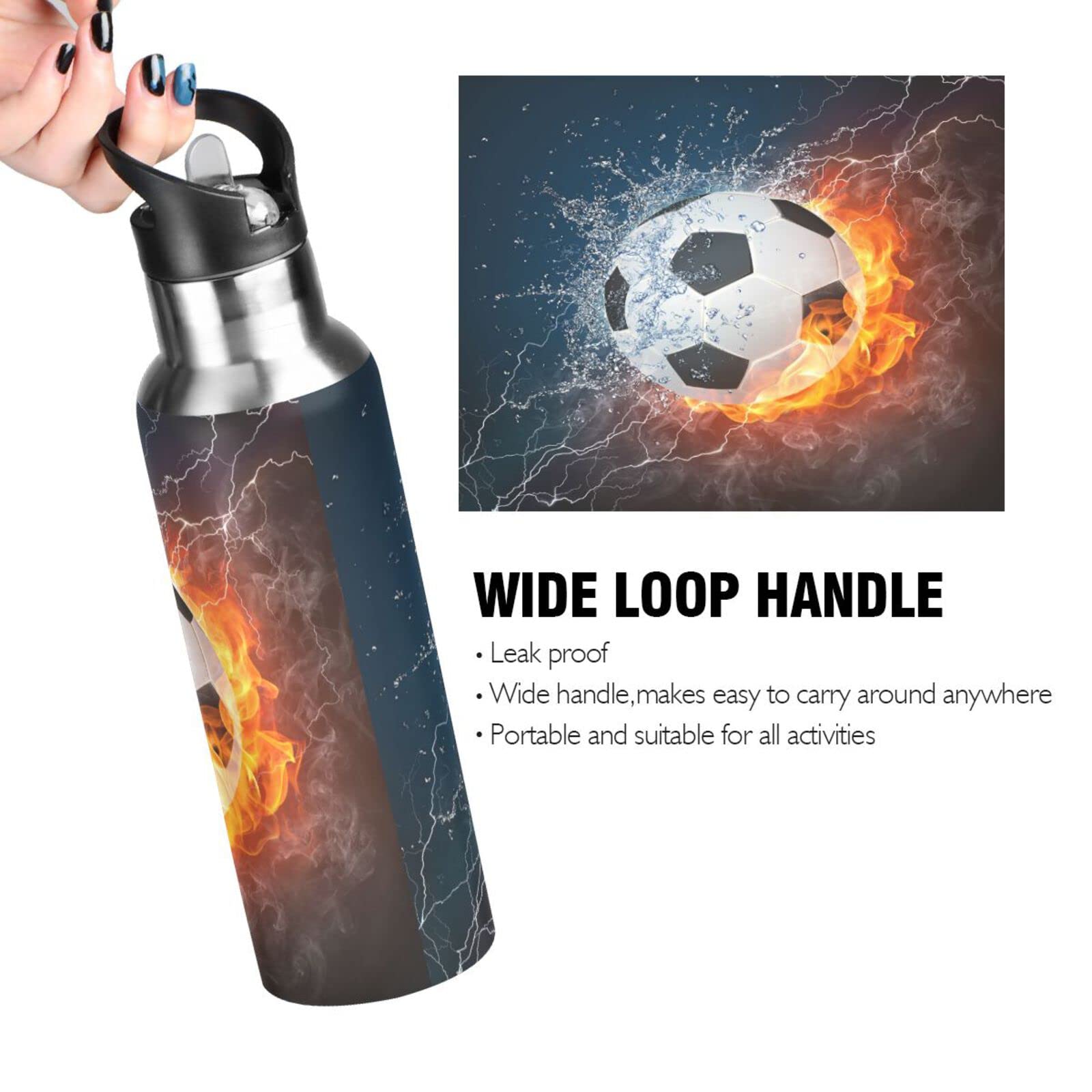 Kcldeci Soccer Ball in Fire and Water Sports Water Bottle 20 Oz Straw Lid Leak Proof Vacuum Insulated Stainless Steel Water Bottles Hot Cold Double Walled Thermo Mug Tumbler Travel Cup