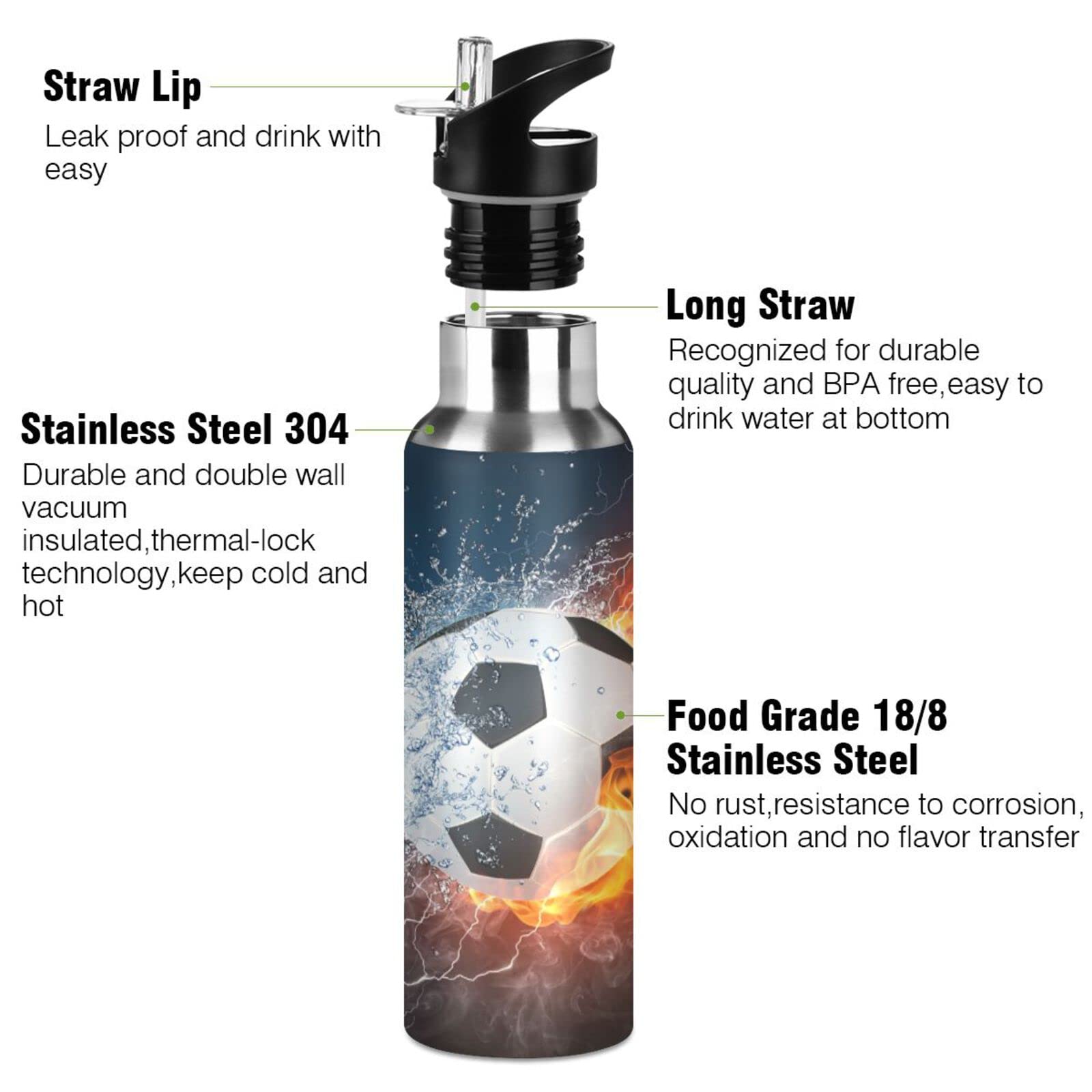 Kcldeci Soccer Ball in Fire and Water Sports Water Bottle 20 Oz Straw Lid Leak Proof Vacuum Insulated Stainless Steel Water Bottles Hot Cold Double Walled Thermo Mug Tumbler Travel Cup