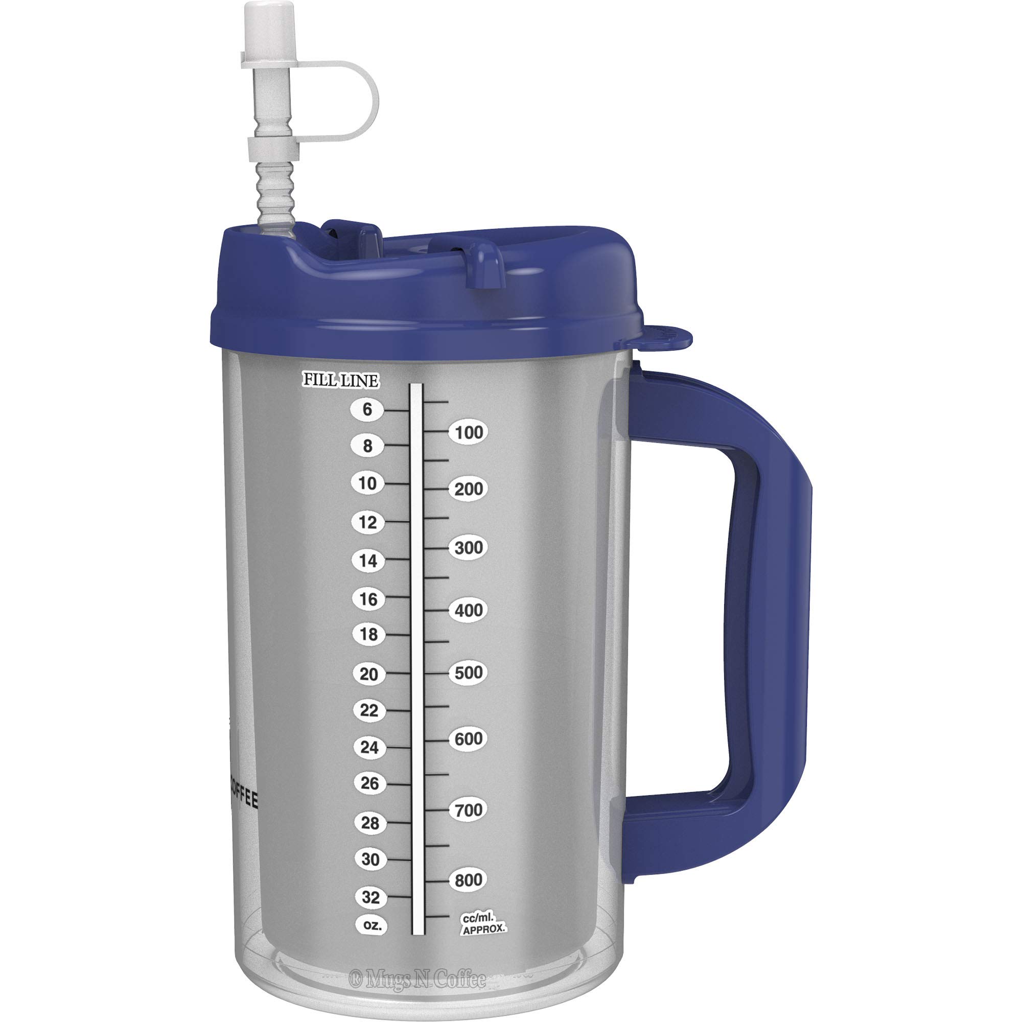 32 oz Double Walled Hospital Mug with Straw - Blue Lid and Handle - Mugs N Coffee