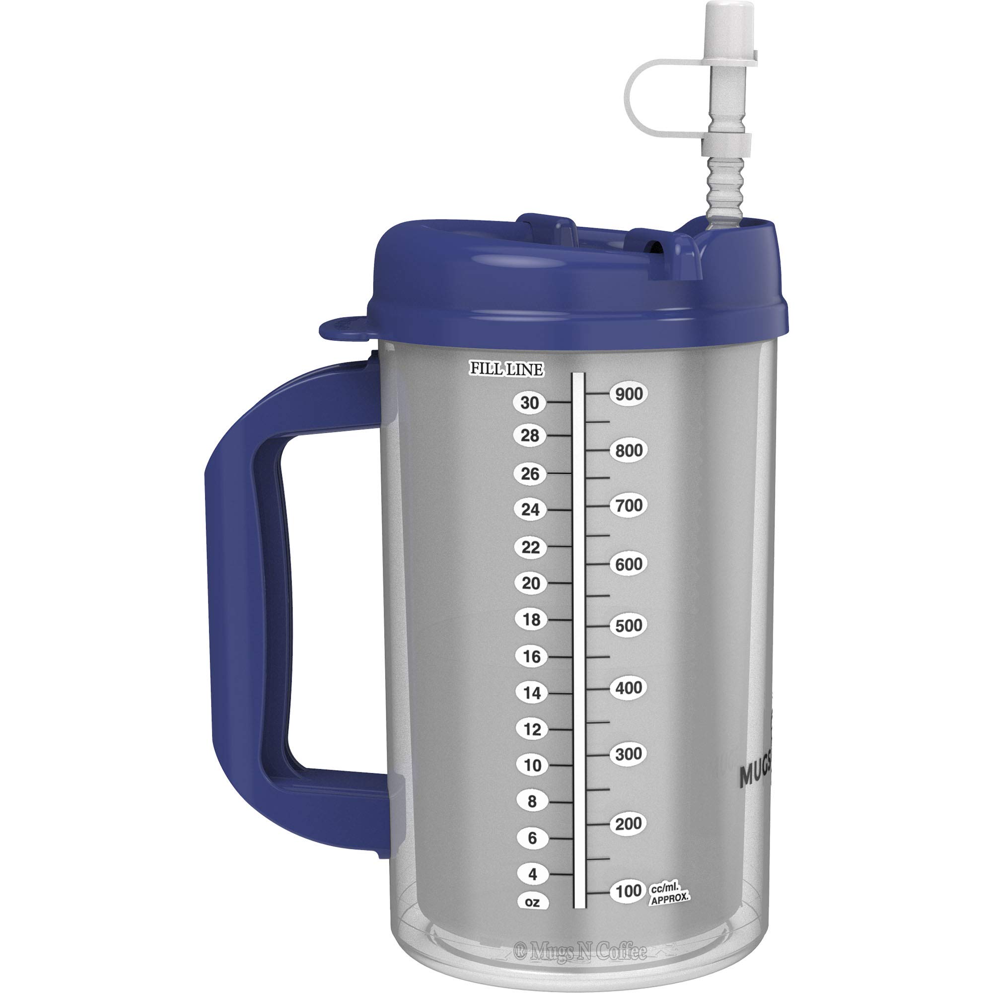 32 oz Double Walled Hospital Mug with Straw - Blue Lid and Handle - Mugs N Coffee