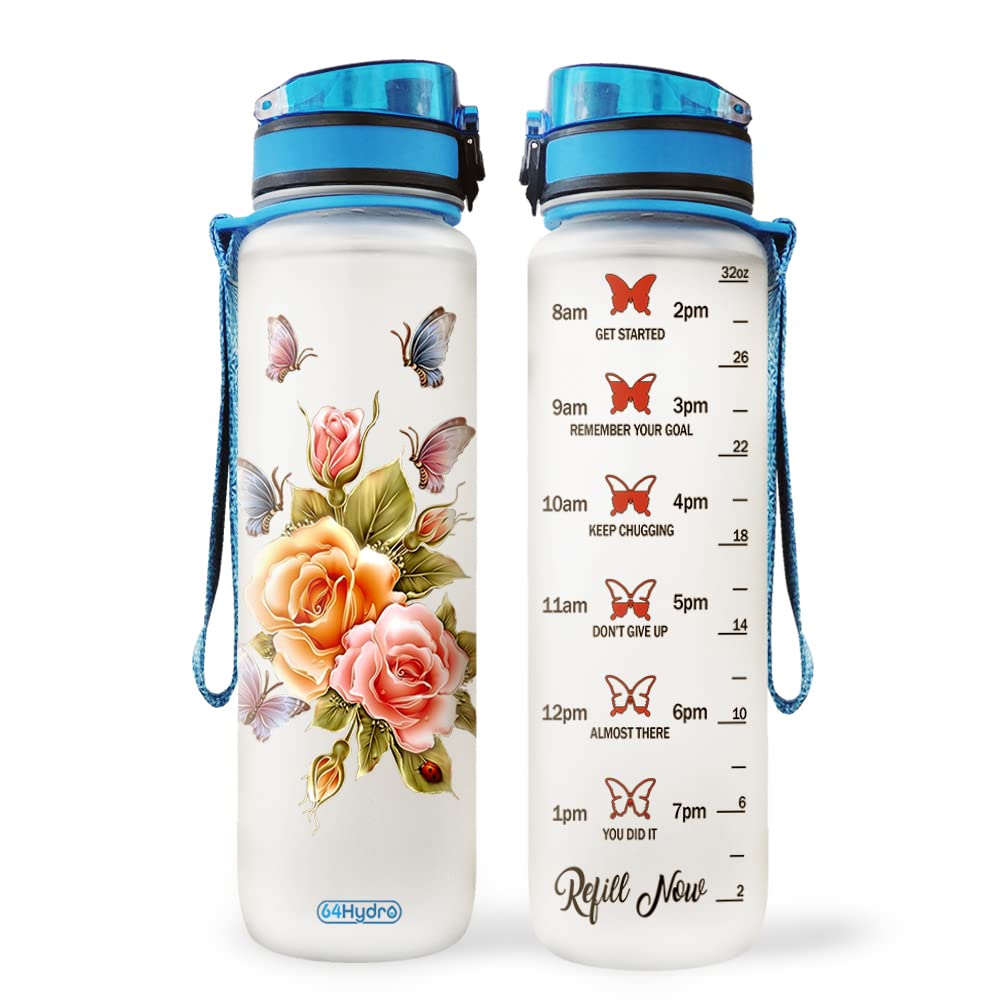 64HYDRO 32oz 1Liter Motivational Water Bottle with Time Marker & Removable Strainer, Butterfly Rose Gifts for Women, Inspirational Gifts for Mom, Daughter, Sister, Friends, Water Tracker Bottles