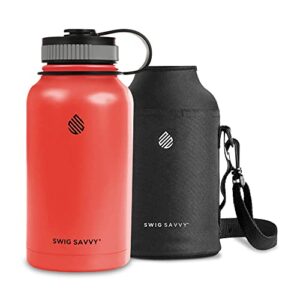 swig savvy vacuum insulated stainless steel water bottle with straw, double wall wide mouth sports bottle with storage sleeve, keeps liquids cold for 24 hours, hot for 12, 32 ounces, red