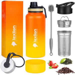 lexlion water bottle 32 oz, triple walled insulated stainless steel reusable, wide mouth, fruit diffuser-thermal leaf infuser, silicone sleeve&cleaning brush, 3 lids leak proof, metal