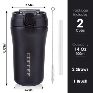 14 oz Travel Coffee Mug, 2 Pack Vacuum Insulated Coffee Travel Mug Spill Proof with Lid and Straw, Stainless Steel Reusable Coffee Tumbler for Hot and Cold Drinks, Gift for Men and Women(Black Grey)