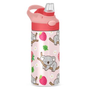 kigai koala strawberry kids water bottle, insulated stainless steel water bottles with straw lid, 12 oz bpa-free leakproof duck mouth thermos for boys girls