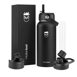 motionbud 32 oz. water bottle | stainless steel, vacuum insulated, leak proof water bottles | wide mouth, 3 lids (chug, flip & straw lid) | black