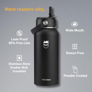 Motionbud 32 Oz. Water Bottle | Stainless Steel, Vacuum Insulated, Leak Proof Water Bottles | Wide Mouth, 3 Lids (Chug, Flip & Straw Lid) | Black