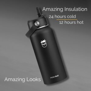 Motionbud 32 Oz. Water Bottle | Stainless Steel, Vacuum Insulated, Leak Proof Water Bottles | Wide Mouth, 3 Lids (Chug, Flip & Straw Lid) | Black