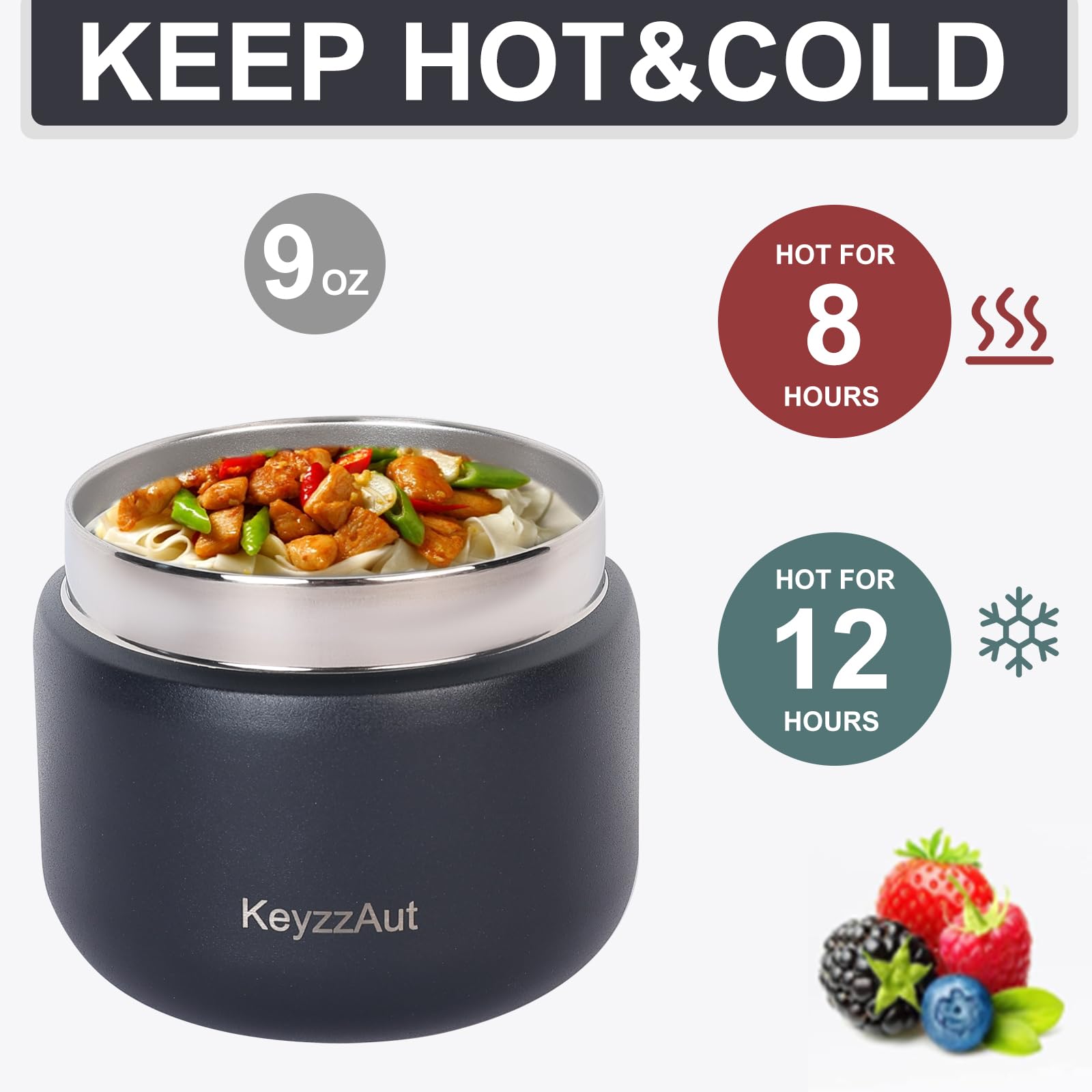 KeyzzAut 9oz Soup Thermos for Hot Food Wide Mouth Vacuum Insulated Food Jar 304 Stainless Steel Lunch Storage Dishwasher Safety Food Soup Container for School, Office, Outdoor (Black)