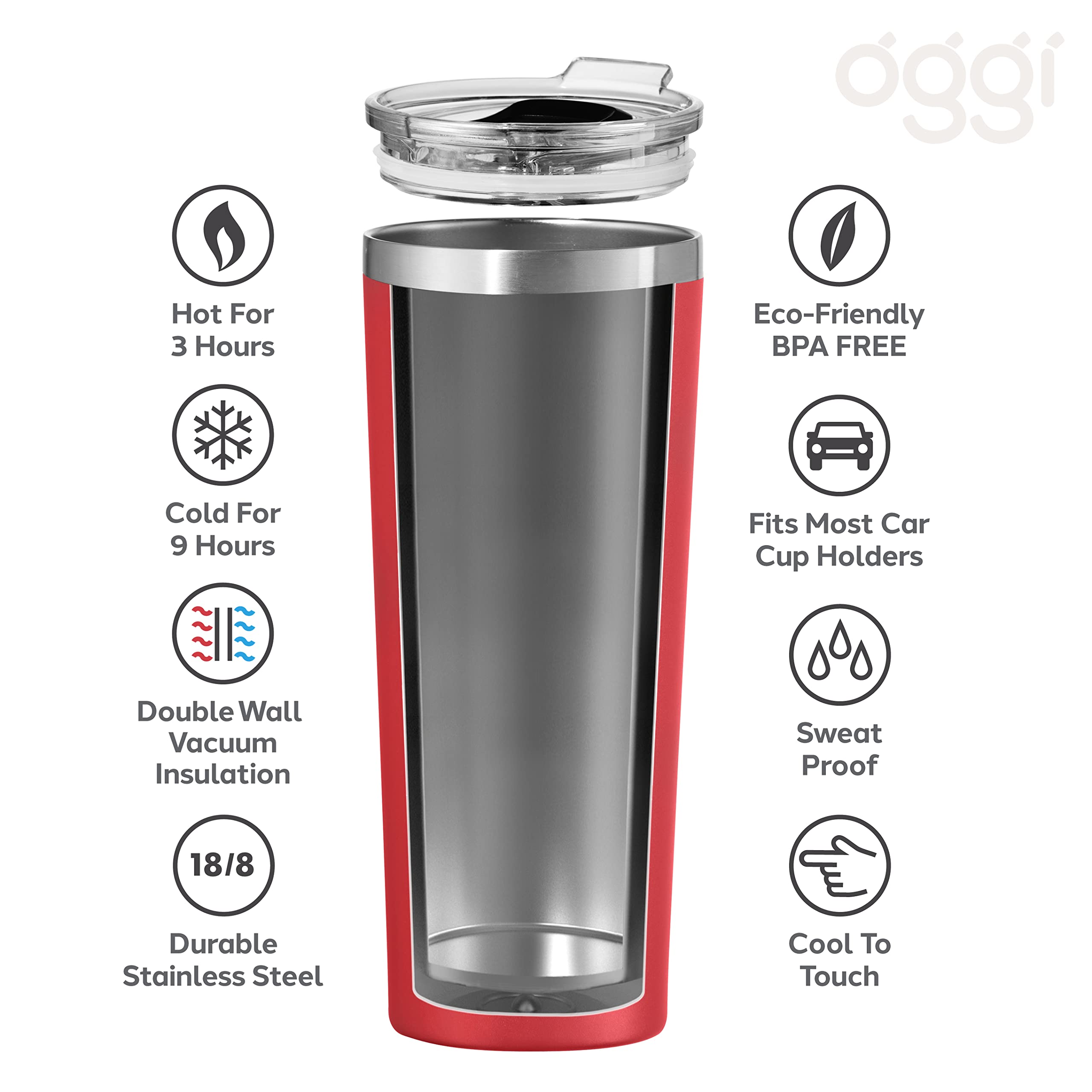 Oggi ThermoTumbler Insulated Tumbler Thermal Travel Mug, 24-Ounce, Red (8170.2)