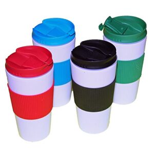 reusable travel mug hot cold non slip grip screw lid flip open cap prevents leaks and spills comes 4 in a pack assorted colors