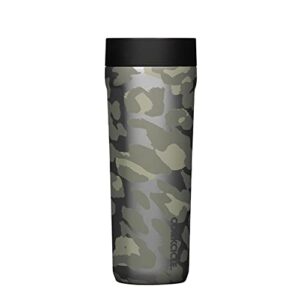 corkcicle commuter cup insulated stainless steel leak proof travel coffee mug keeps beverages cold for 9 hours and hot for 3 hours,snow leopard, 17 oz
