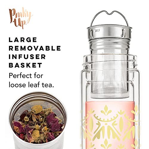 Pinky Up Blair Insulated Travel Infuser Mug - Double-Walled Glass, Stainless Steel, Travel Tea Bottle Flask - Loose Leaf Tea Infuser, 16 Oz, Casablanca Gold