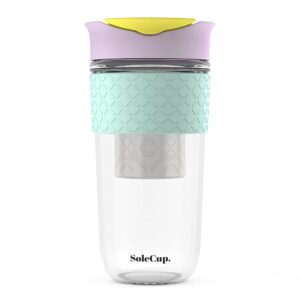 solecup. large travel mug loose tea infuser - detachable tea strainer with spill proof lid - 18oz/530ml bpa-free reusable glass travel coffee cup with silicone band (ice-cream)