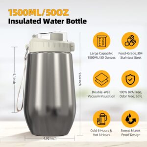 Tcamp 50 Ounce Stainless Steel Insulated Water Bottle with Straw Wristband, 1500ML Sports Water Bottle, Reusable, Leak Proof, BPA Free, Keep Cold & Hot for 6 Hours (Brushed Steel)