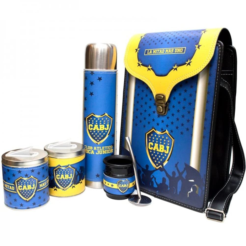 Mates Boca Juniors Eco Leather Complete Set to Drink Yerba Mate Kit All Accesories Included: Containers Gourd (Cup) Bombilla (Straw) Thermos Bag, Blue, Yellow, 34 X 23 X 12