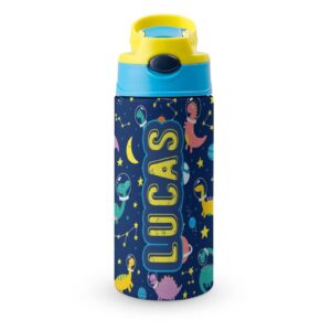 artsadd kids water bottle with name-custom dinosaur water bottle with straw-personalized gift for kids boys-customized name insulated stainless steel tumbler for school gifts-16.9oz