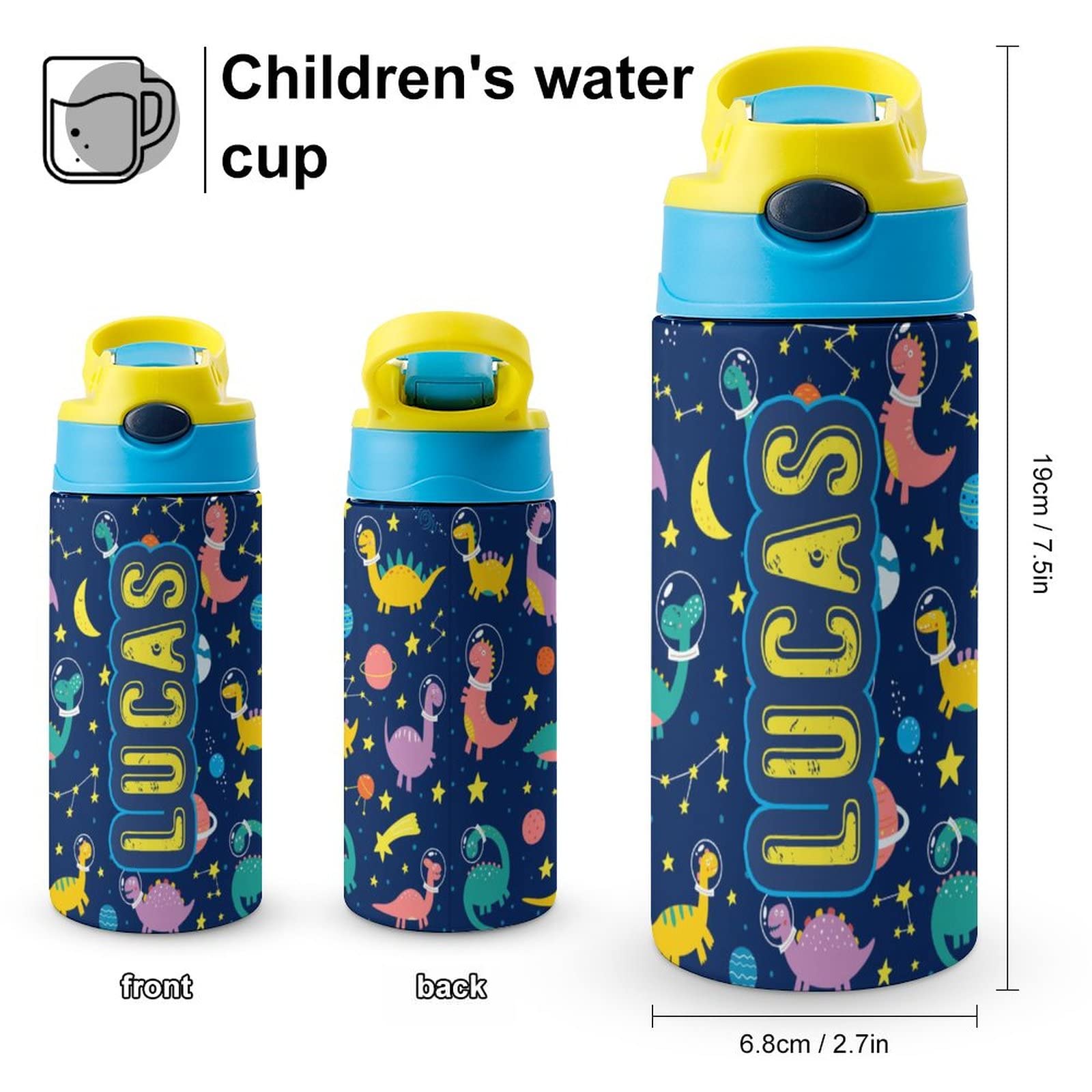 Artsadd Kids Water Bottle with Name-Custom Dinosaur Water Bottle with Straw-Personalized Gift for Kids Boys-Customized Name Insulated Stainless Steel Tumbler for School Gifts-16.9oz