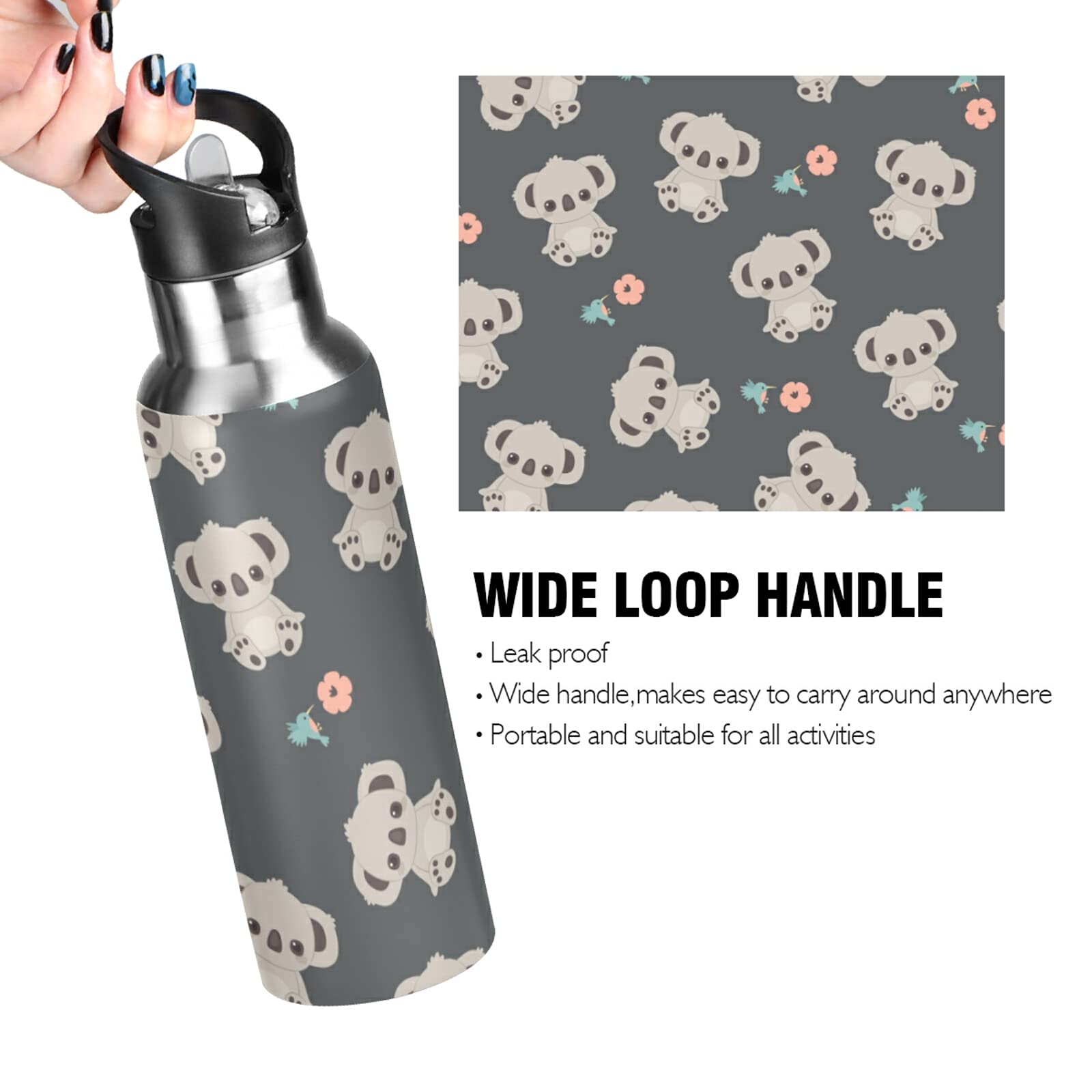 xigua Koala Water Bottle Stainless Steel Vacuum Insulated Water Bottle Standard Mouth Wide Handle Bottle with Straw Lid for Sports School Gym Outdoor,20 oz.