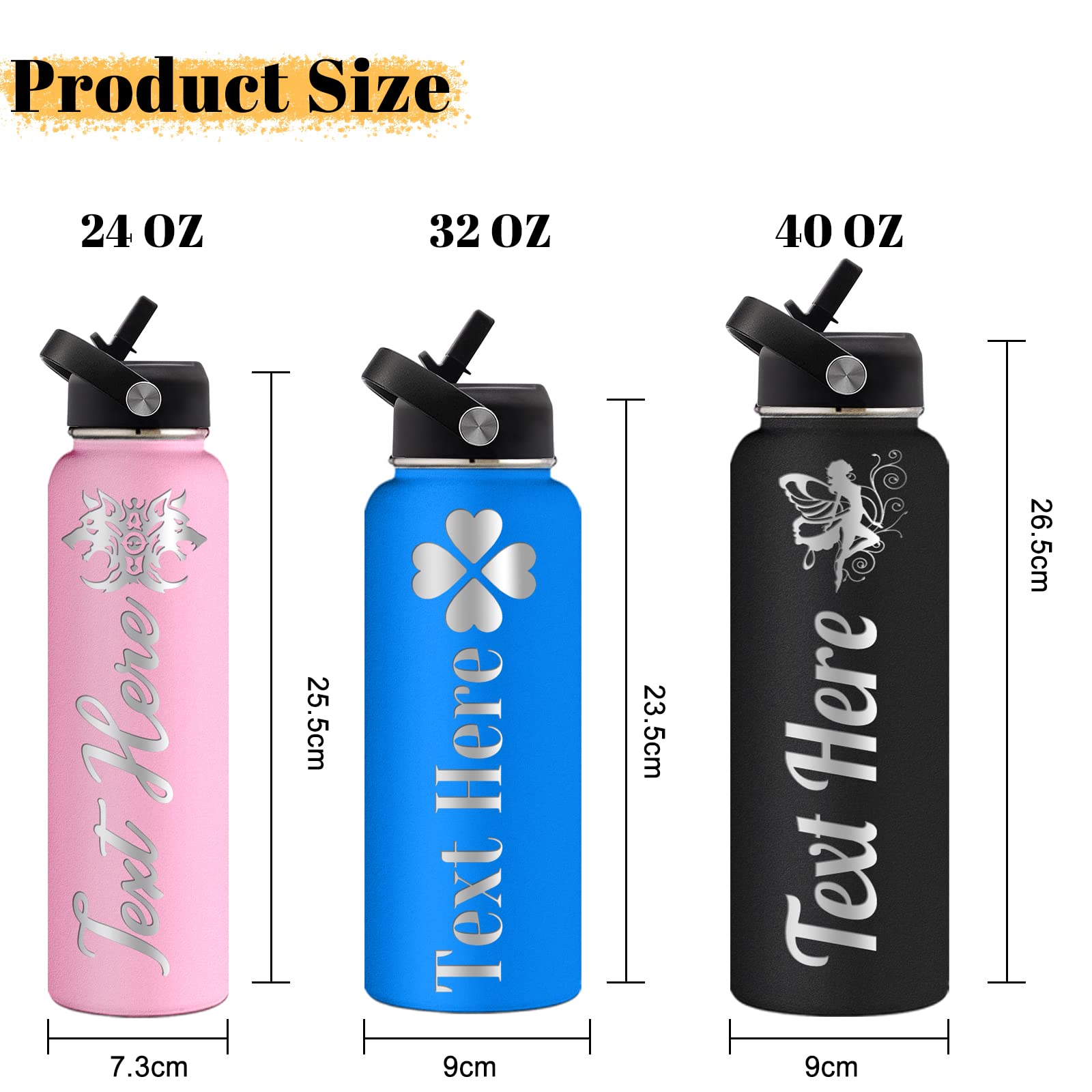 Hapelf Personalized Kids Water Bottle Custom 24oz Insulated Bottles Customized Engraved Name Water Flask with Straw School Stainless Steel Gifts Girls Boys Women