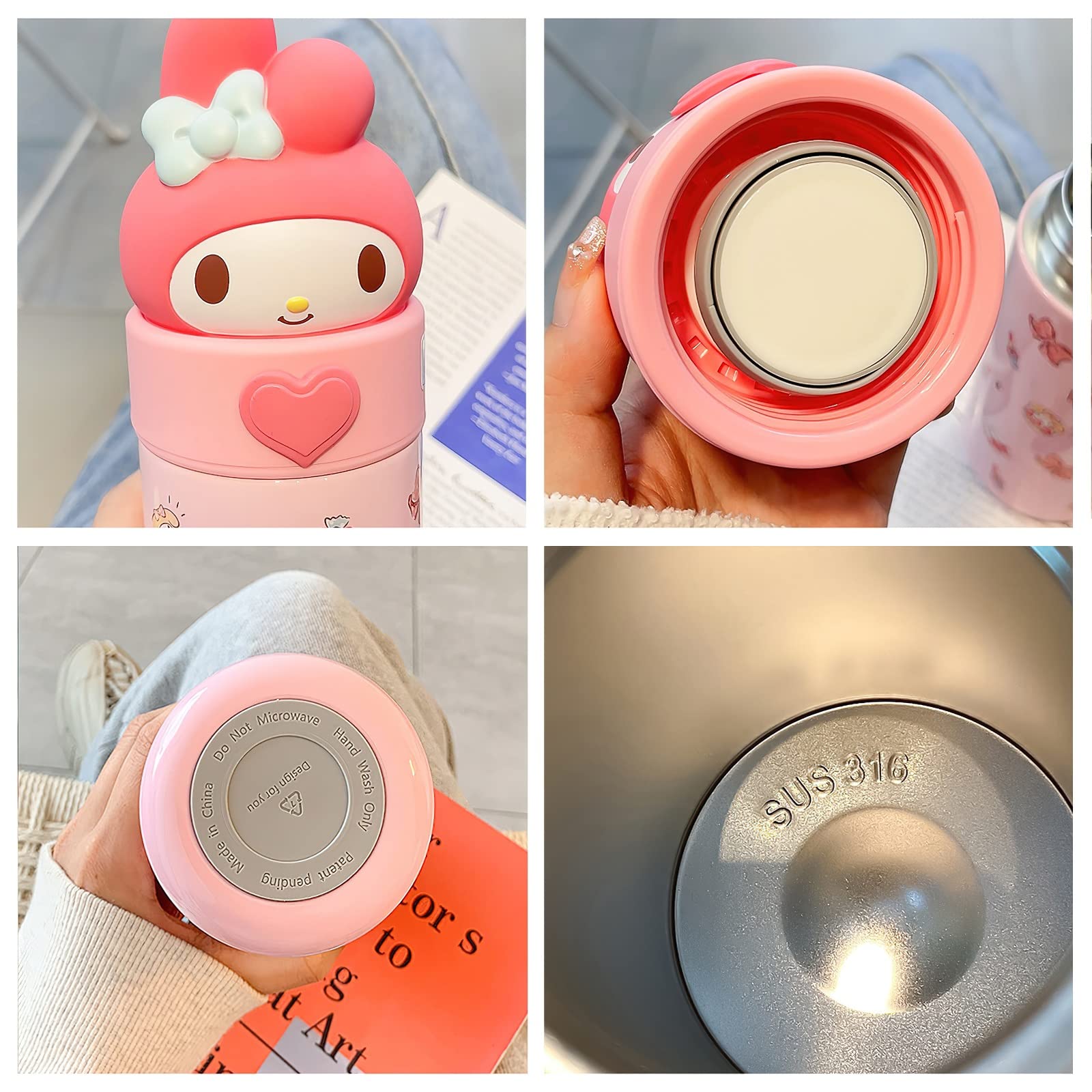 Kawaii Kitten Water Bottle Women'S Thermos Cup Cartoon Vacuum Insulated Stainless Steel Water Bottle Cute Girl'S Gifts 12.3 OZ / 350ML (Pink)