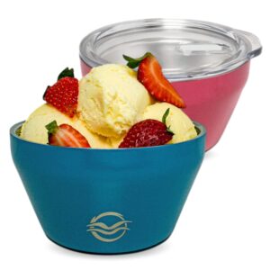 calicle - insulated ice cream bowl set with lid, double wall vacuum insulated stainless steel, for cold and hot foods (cereals, soups, snacks, dips) - 12oz, set of 2 (pink hibiscus/blue seas)