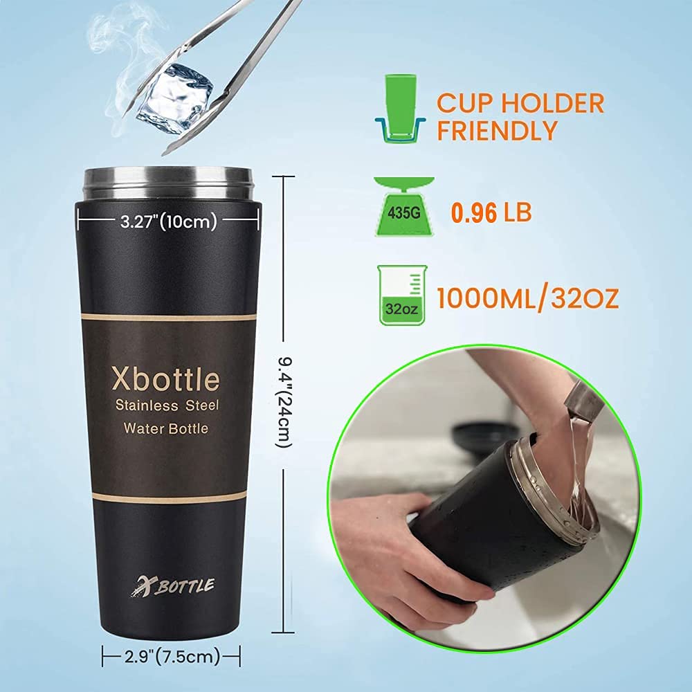 XBOTTLE 32oz Insulated Tumbler - Vacuum Insulated Stainless Steel Water Bottle Iced Coffee Travel Mug Cup with Flip Lid, Thermal Water Bottle Insulated Double Wall Spill-proof Leak-proof