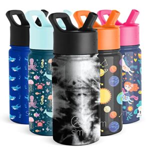 simple modern kids water bottle with straw lid | insulated stainless steel reusable tumbler for toddlers, girls, boys | summit collection | 14oz, black tie dye