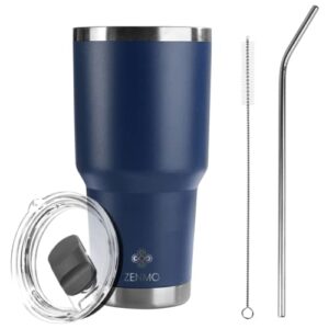 zenmo insulated cup with straw lid and cleaning brush 30 oz stainless steel double wall insulated travel mug reusable hot and cold tumbler flask for iced coffee & water meta thermo canteen (dark blue)