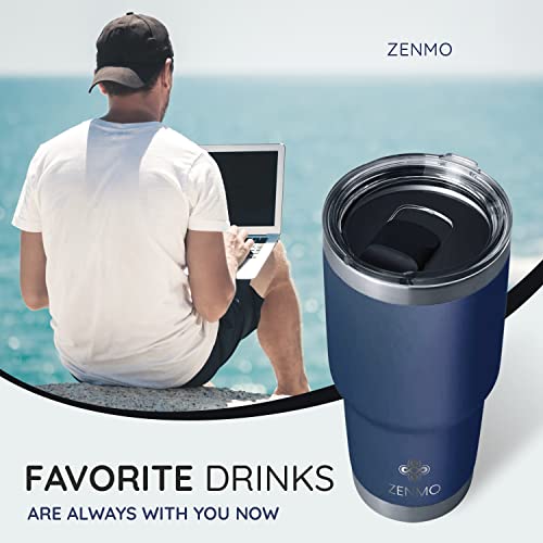 ZENMO Insulated Cup with Straw Lid and Cleaning Brush 30 oz Stainless Steel Double Wall Insulated Travel Mug Reusable Hot and Cold Tumbler Flask for Iced Coffee & Water Meta Thermo Canteen (Dark Blue)